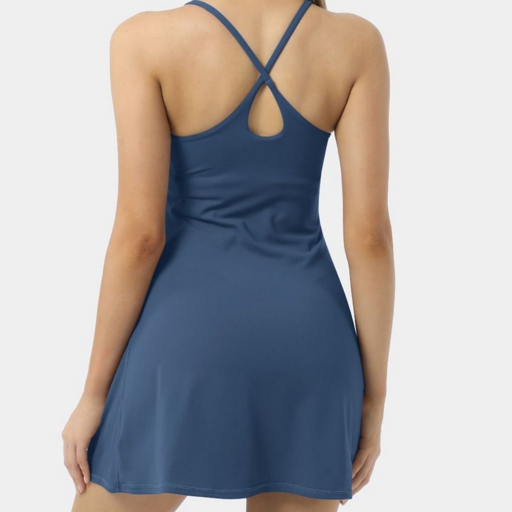 Halara Size M Cloudful Blue Cross Back Active Dress, Shorts,Pockets-Wannabe - Picture 6 of 10